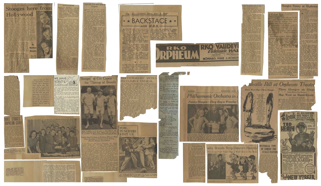 Moe Howard's Newspaper Clippings From the 1930s -- Dozens of Clippings, Some Glued to Board Regarding Their Shows in London in 1939, and Earlier From 1934 -- Very Good